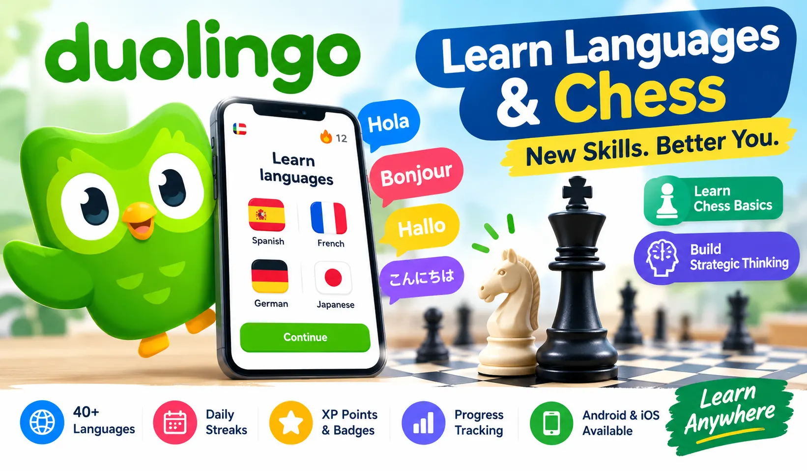 Duolingo App for language learning and chess