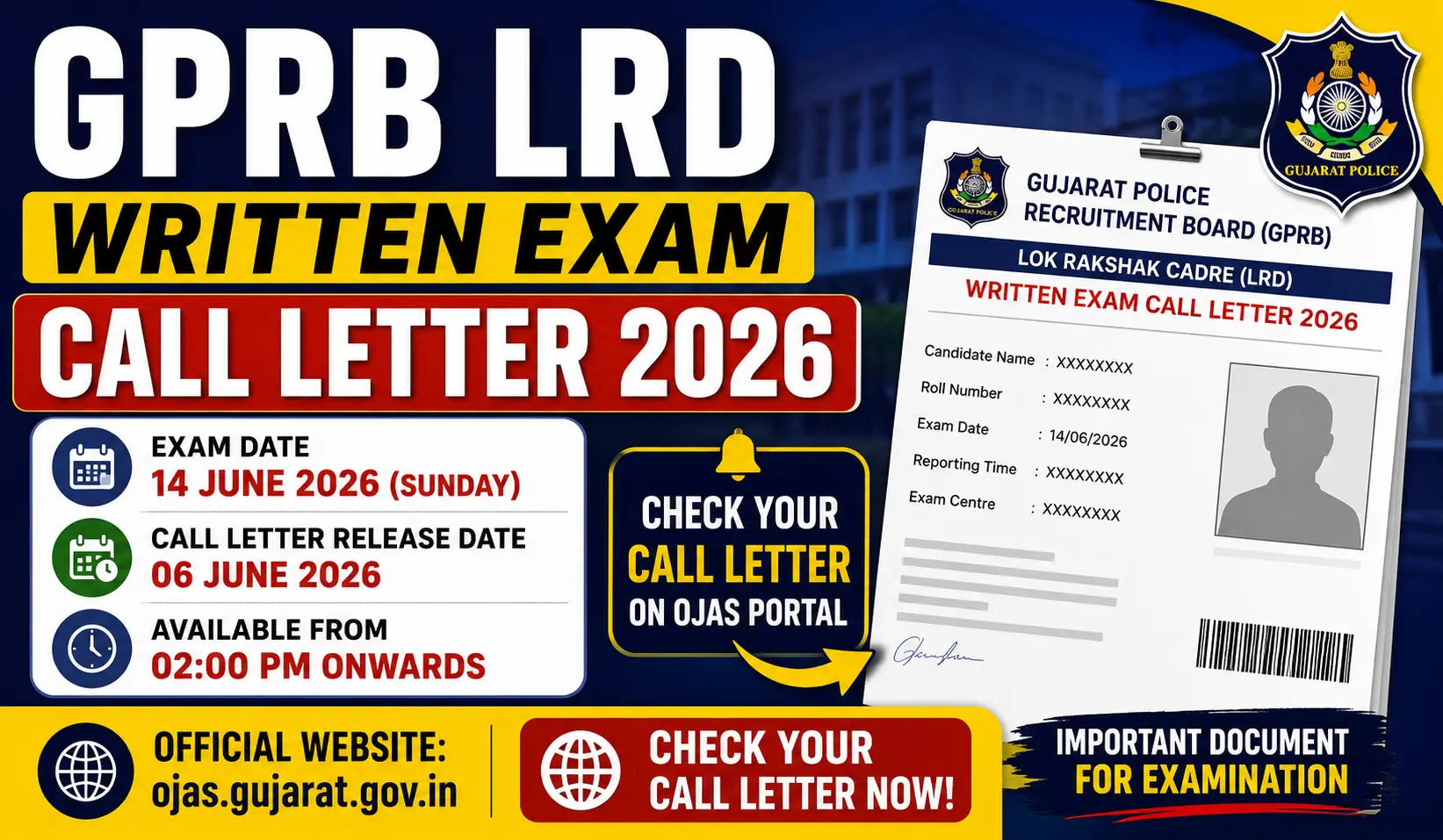 GPRB LRD Written Exam Call Letter 2026 Gujarat Police LRD call letter OJAS Gujarat
