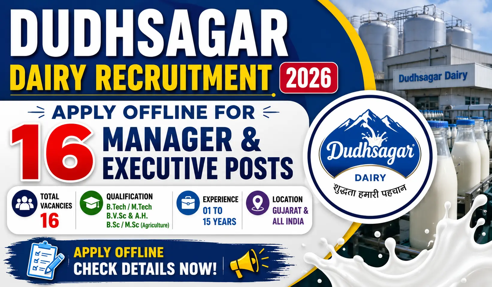 Dudhsagar Dairy Recruitment 2026 Apply Offline for 16 Manager and Executive Posts