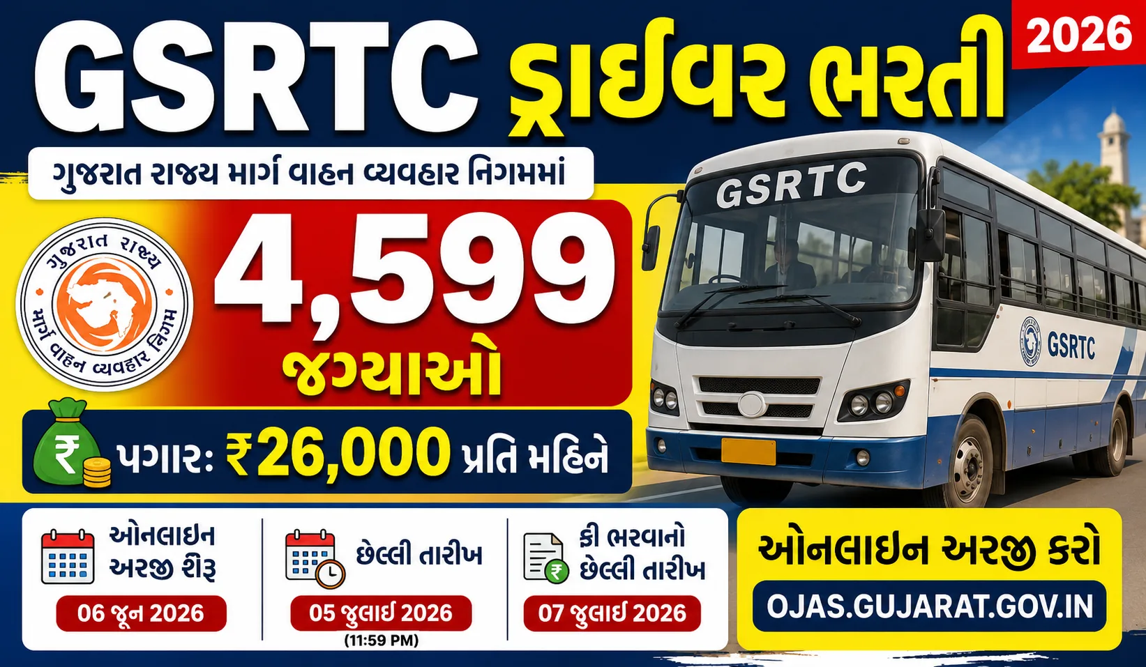 GSRTC Driver Recruitment 2026 4599 Driver Vacancy Notification