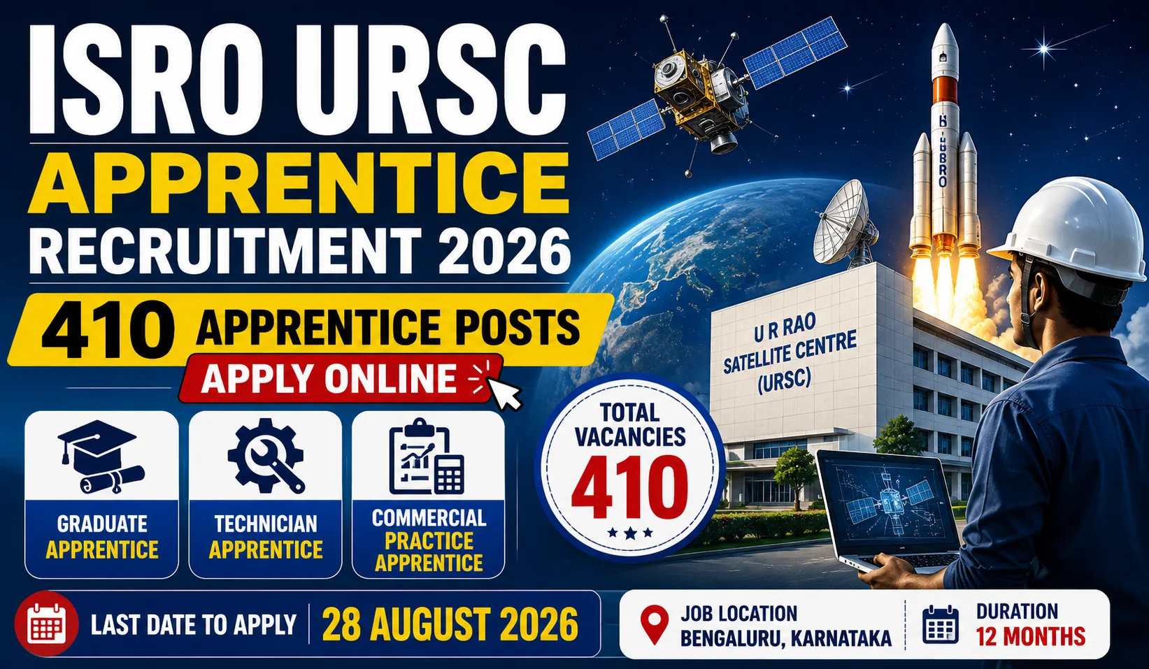 ISRO URSC Apprentice Recruitment 2026 notification for 410 Graduate, Technician and Commercial Practice Apprentice posts