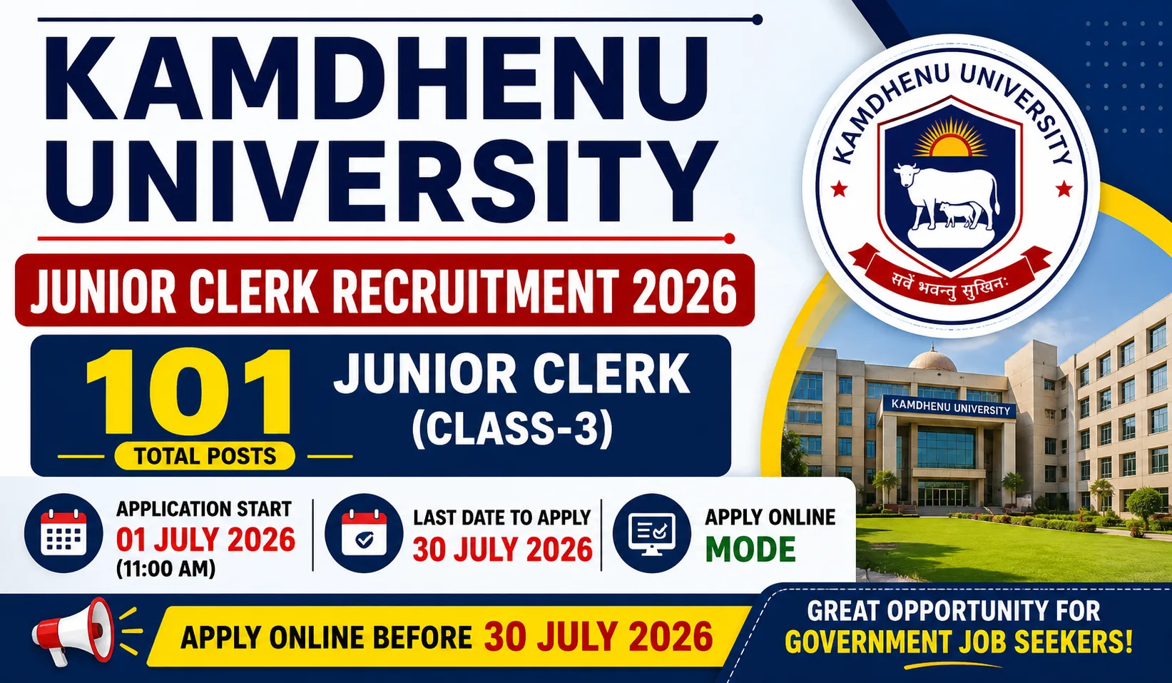 Kamdhenu University Junior Clerk Recruitment 2026 Apply Online for 101 Junior Clerk Posts