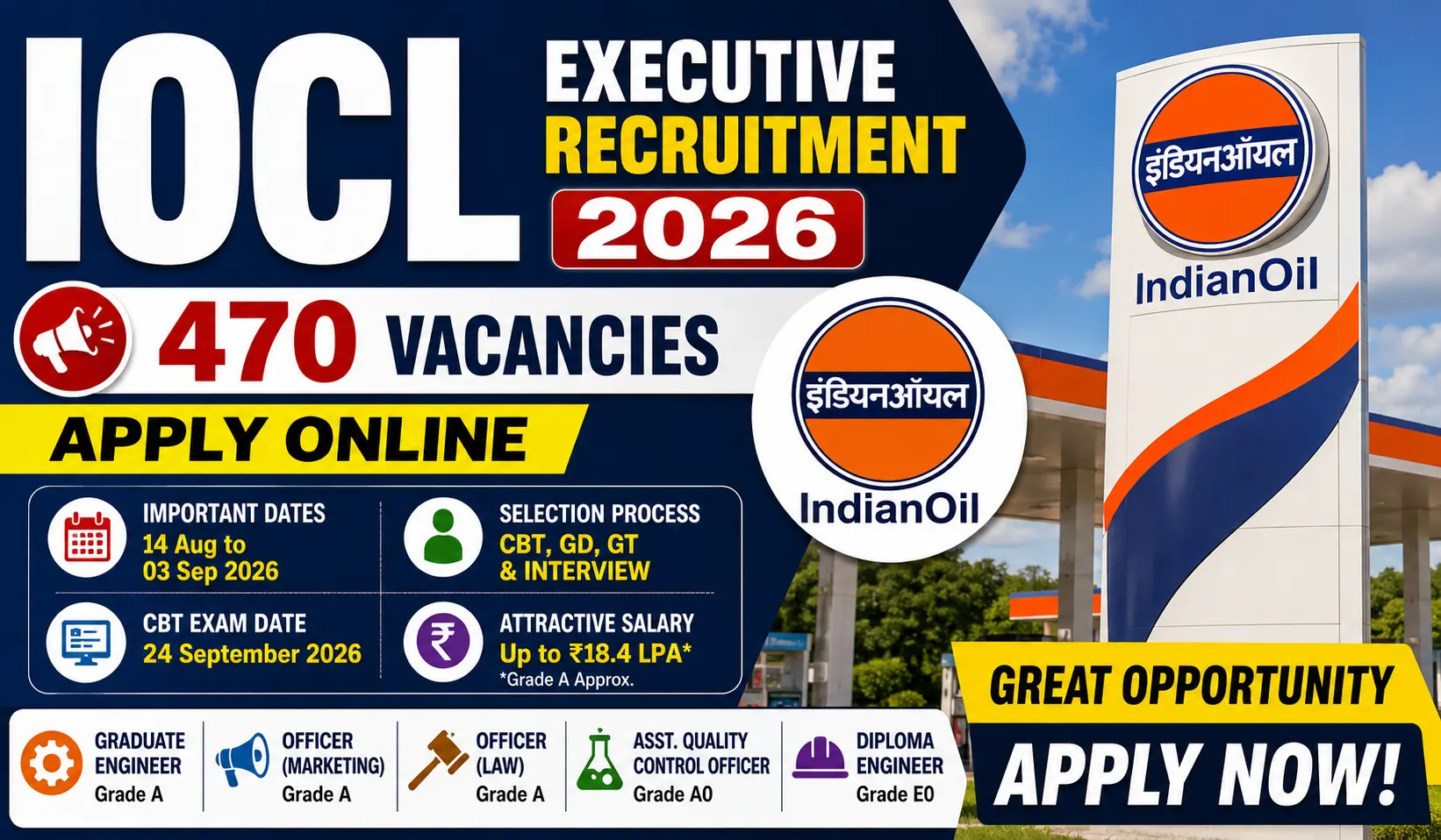 IOCL Executive Recruitment 2026 with 470 vacancies and online application