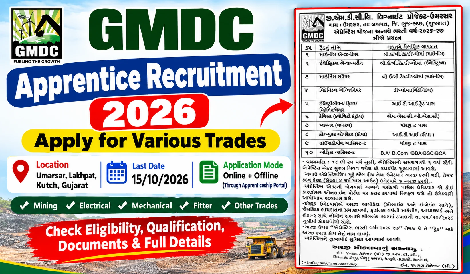 GMDC Apprentice Recruitment 2026 for various trades at Umarsar Lignite Project, Kutch, Gujarat