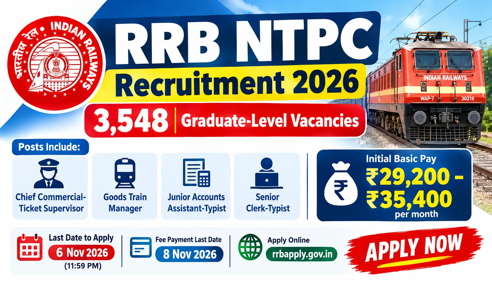 RRB NTPC Recruitment 2026 for 3,548 graduate-level railway vacancies