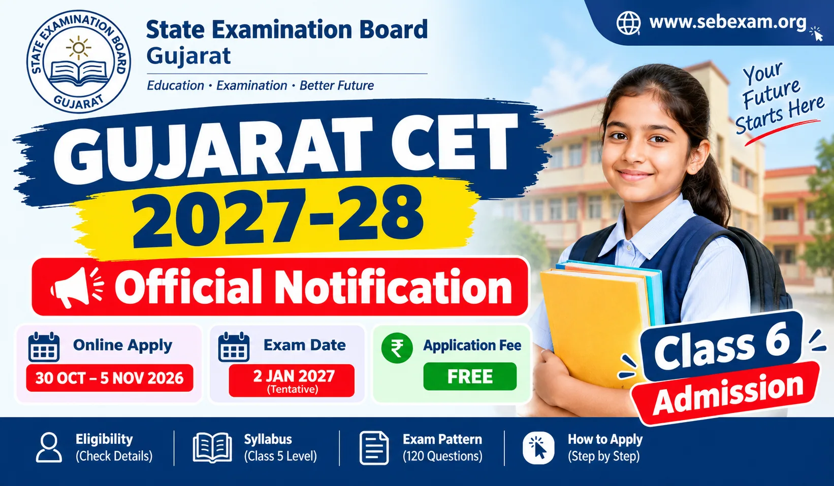 Gujarat CET 2027-28 notification, application dates and examination details